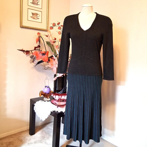 NWOT Orly Maxi V neck Long Sleeve Gray Teal Dress Cardigan Fall Winter Dresses - Picture 5 of 9